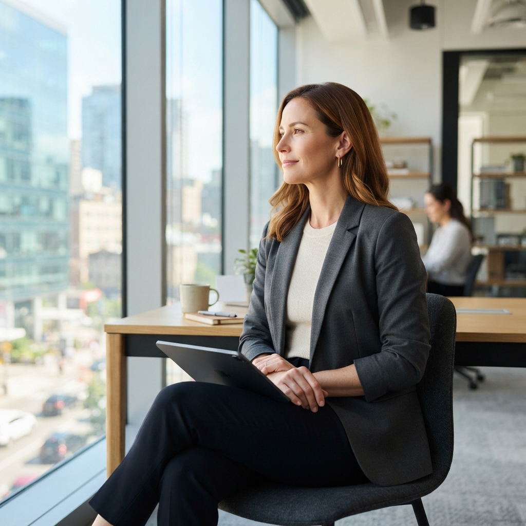 Professional individual in a sunlit office space