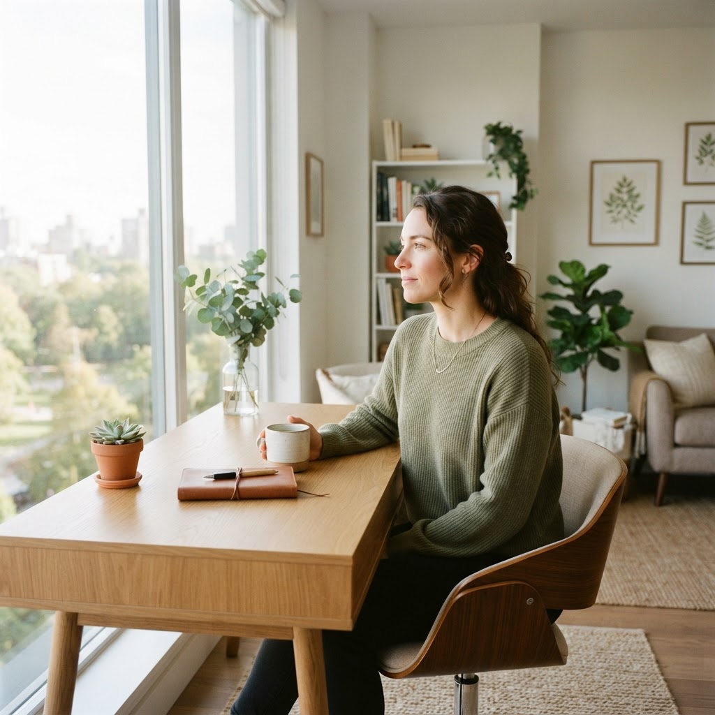 A calm person reflecting in a bright modern home office