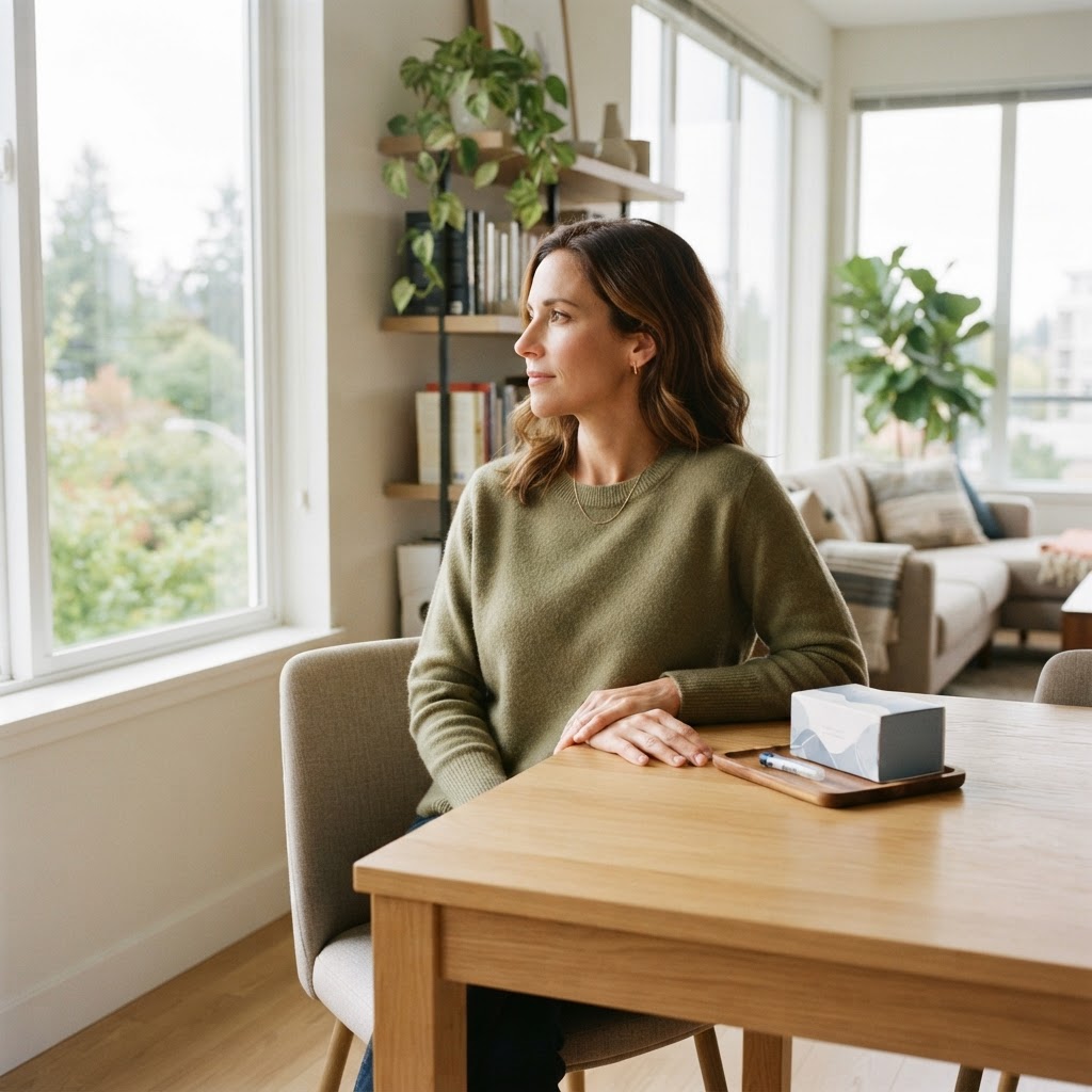 A woman preparing for a health test in a calm, sunlit room