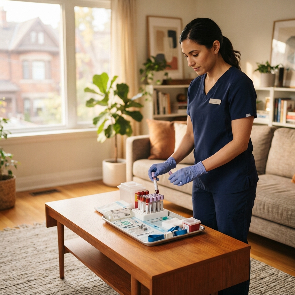 A medical professional preparing an at-home blood collection kit