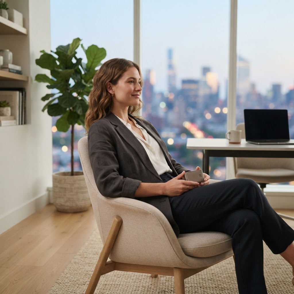 A professional in a bright home office managing their health
