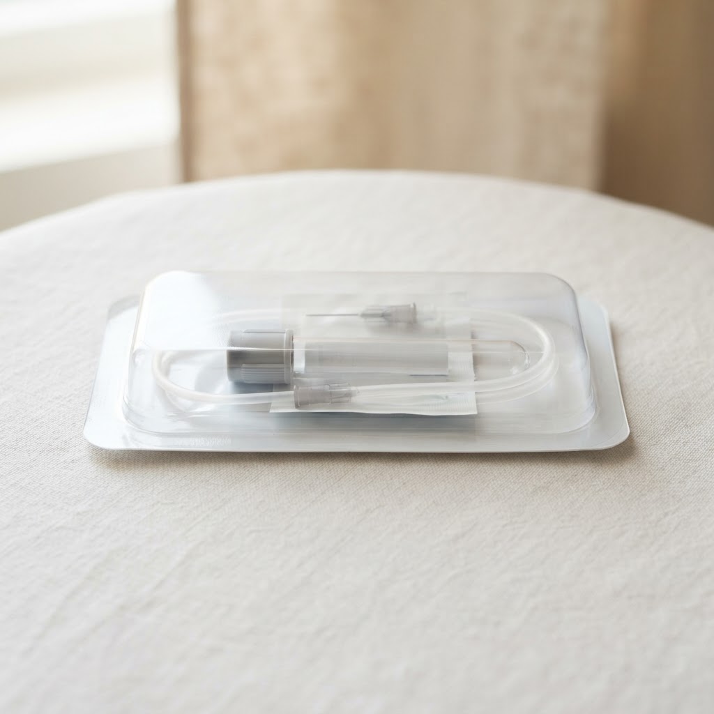 Close up of a premium sterile blood collection kit