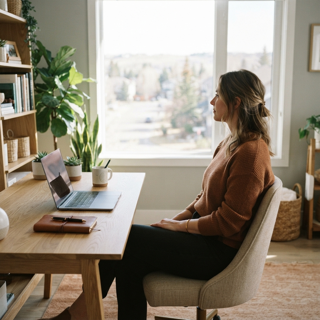 Professional person sitting in a calm sunlit home office