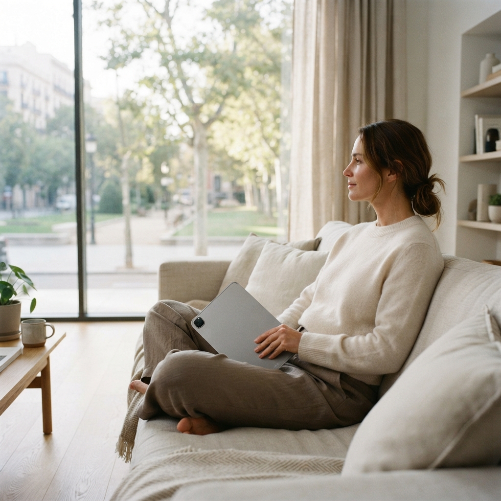 A person relaxing at home with their health data device