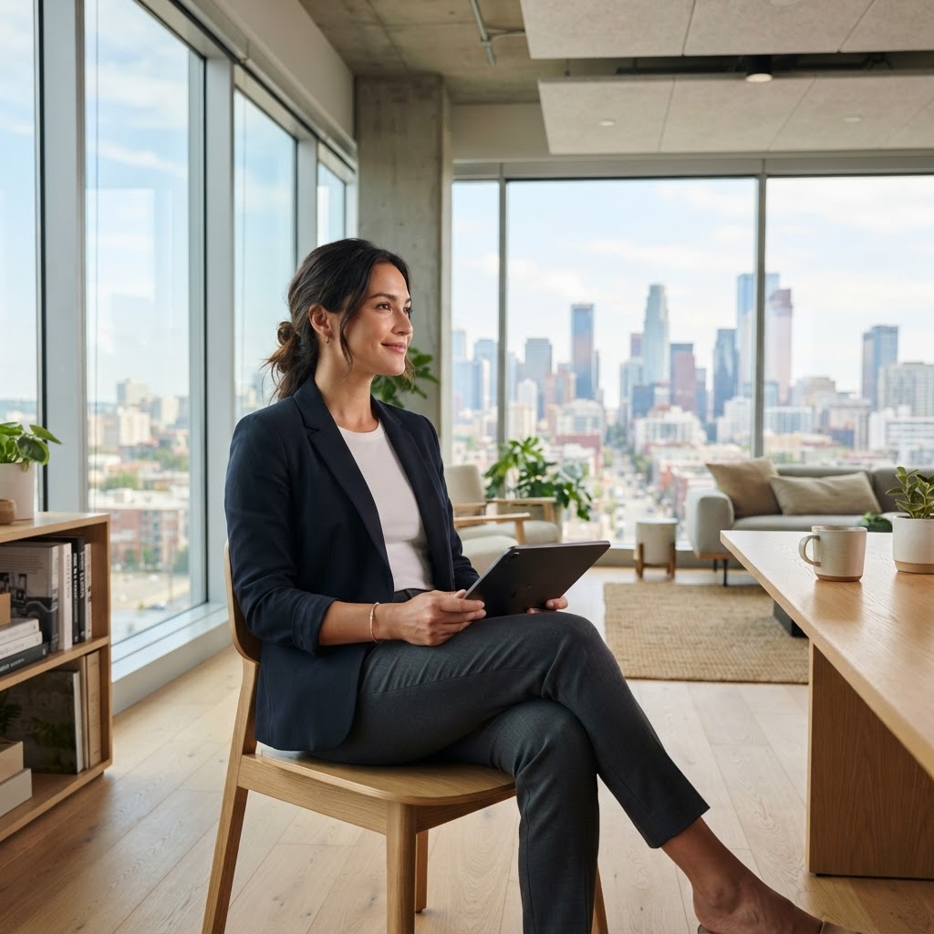 Calm professional in a modern office focusing on health