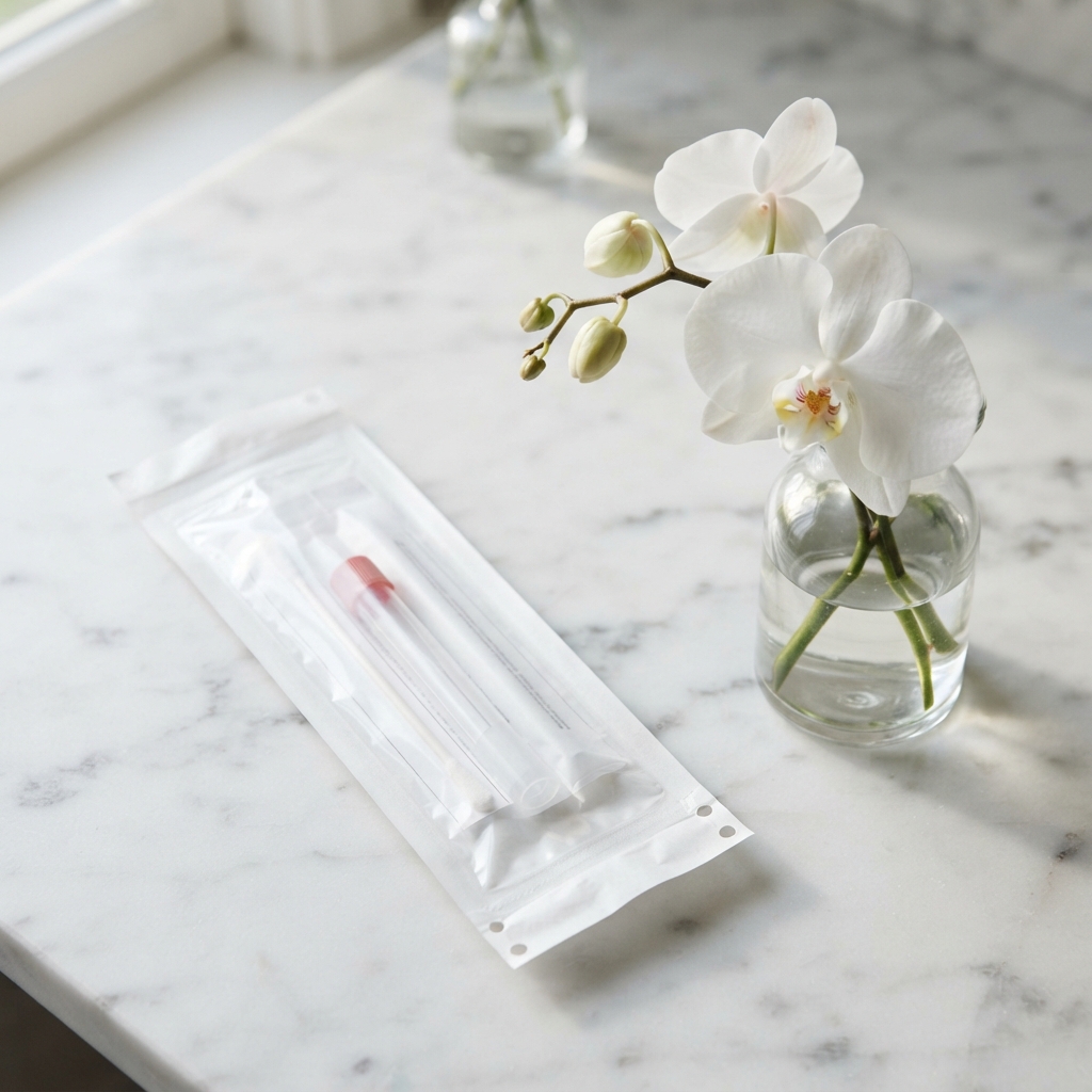A medical testing kit and orchid on a marble counter