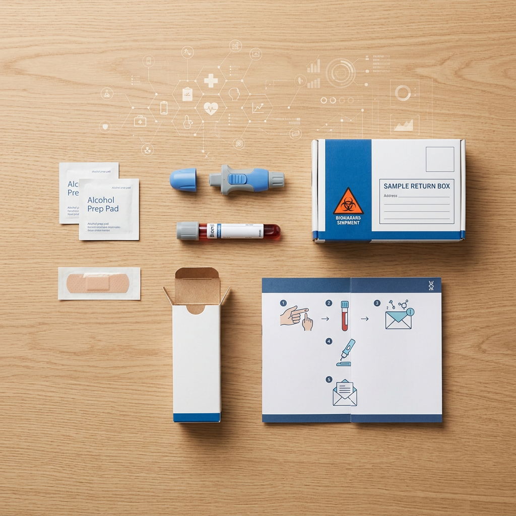 Organized at-home blood collection kit displayed flat lay