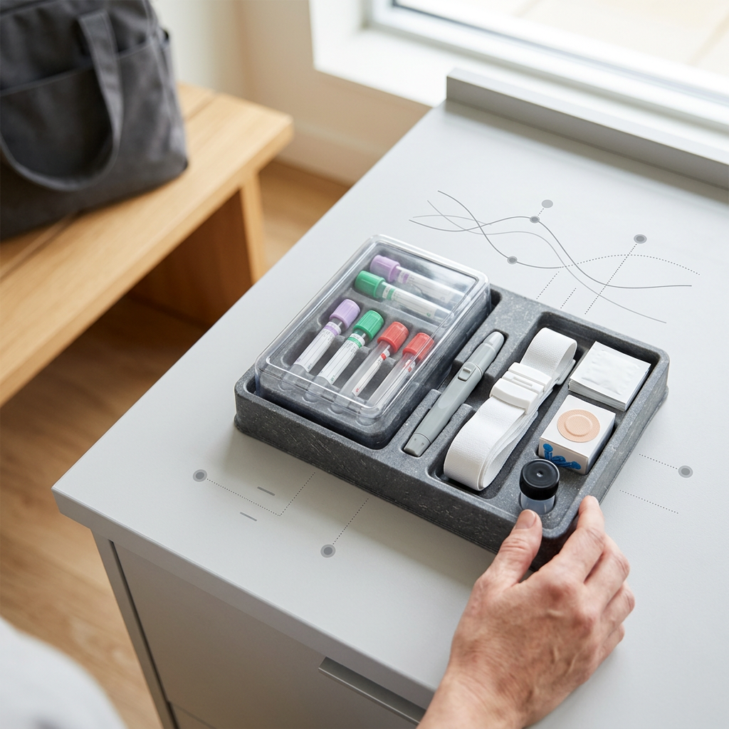 Professional at-home blood test collection kit on clean surface
