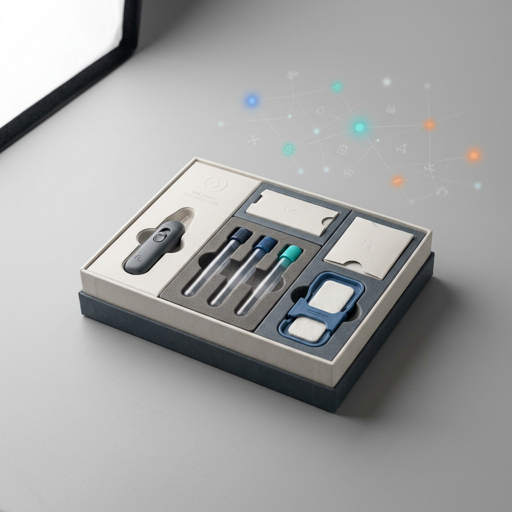 Premium home blood collection kit on minimalist gray surface