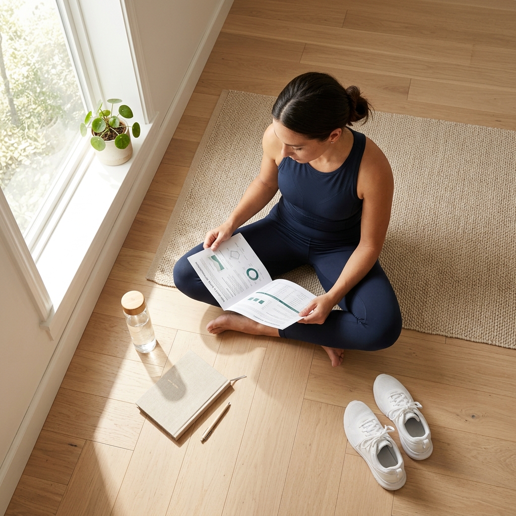 Active person reviewing personalized health report at home
