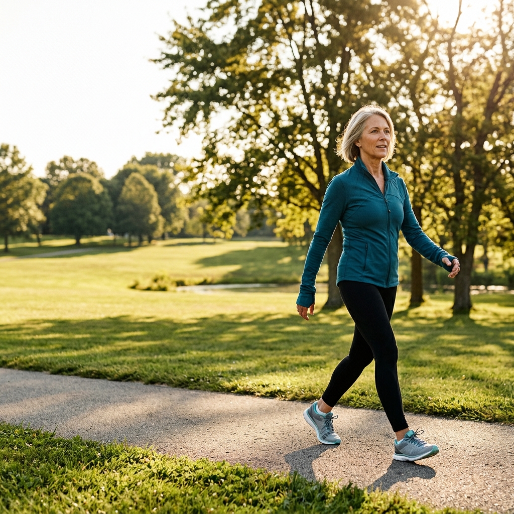 Healthy active person walking confidently in bright outdoor environment