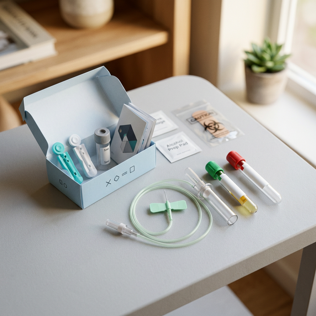 Medical-grade blood collection kit on minimal table surface