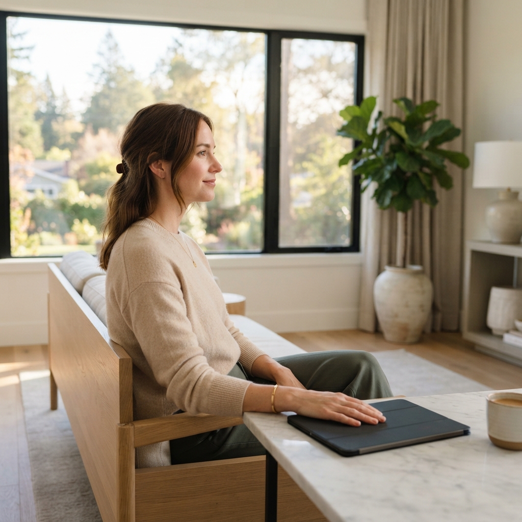 Person resting hand on tablet in bright sunlit room