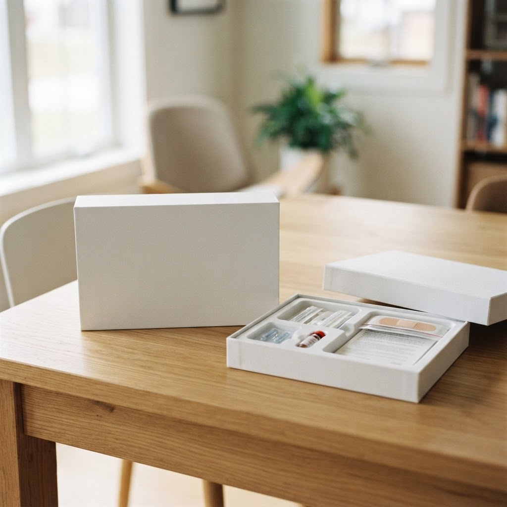Professional at home health testing kit on clean wooden table