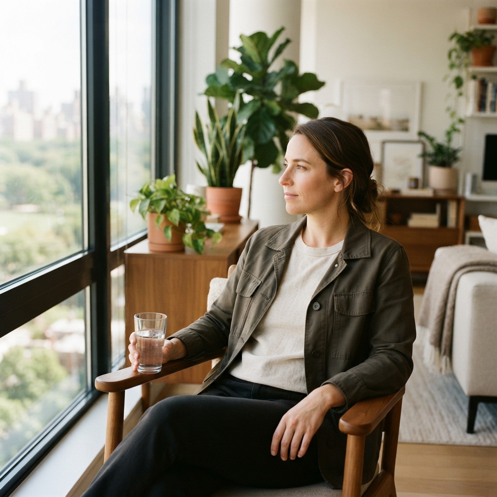 A calm person looking out a window in a bright room