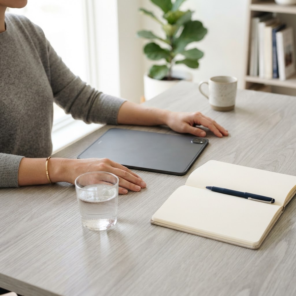 A person sitting at a desk with a closed tablet