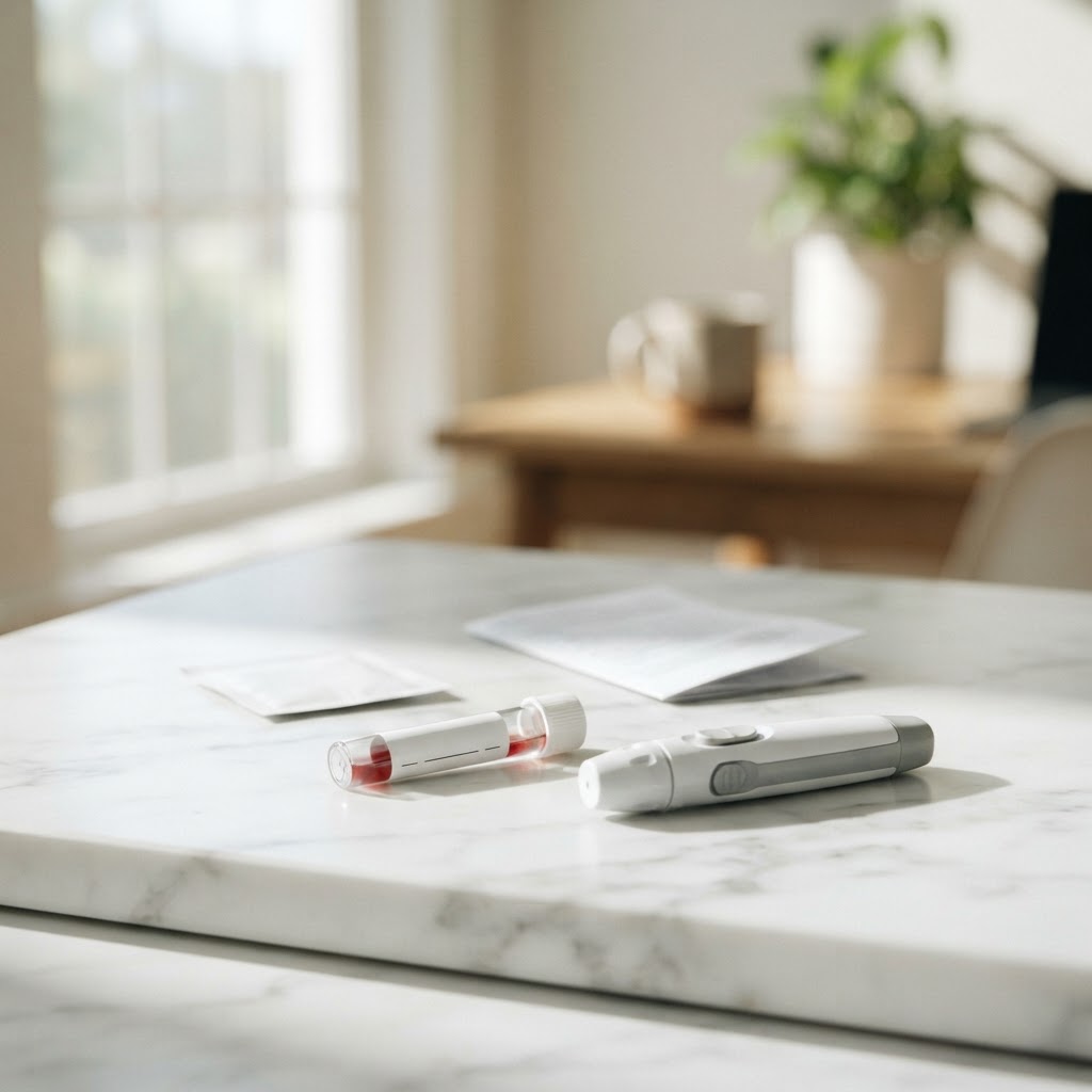 Professional at-home health testing kit on a white surface
