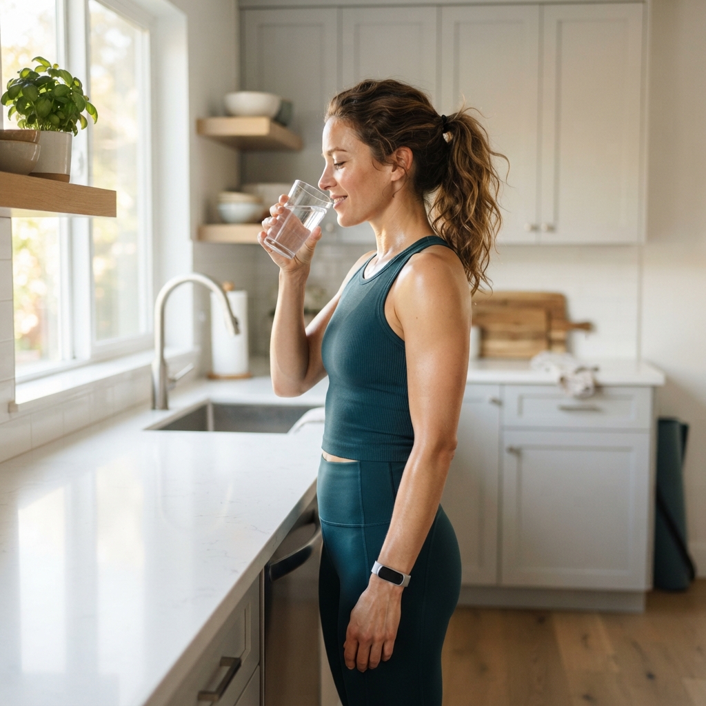 Person drinking water in a bright modern kitchen