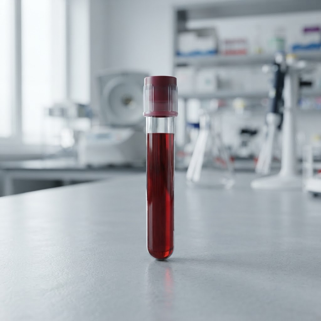 A medical sample vial on a clean professional surface