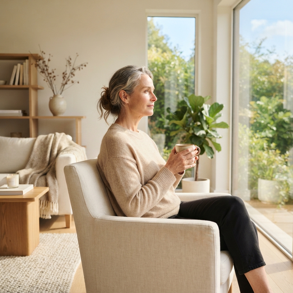 A person looking thoughtful in a modern bright room