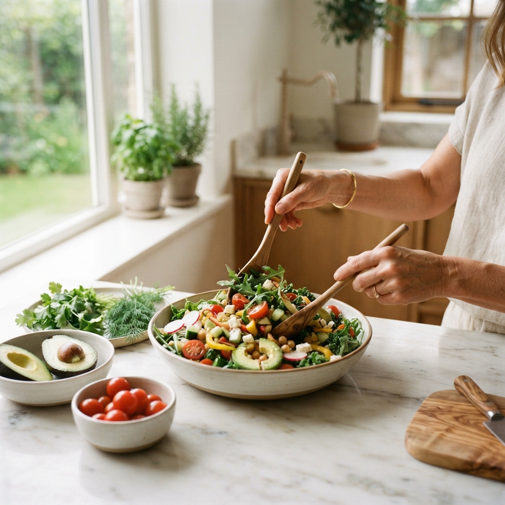 Hands preparing healthy food in a bright modern kitchen