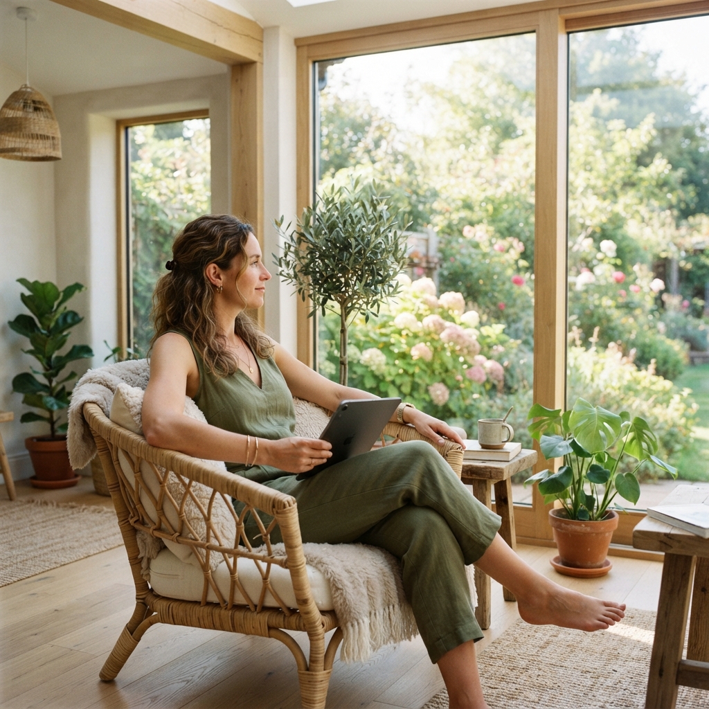 Person resting in a bright sunlit room with a tablet