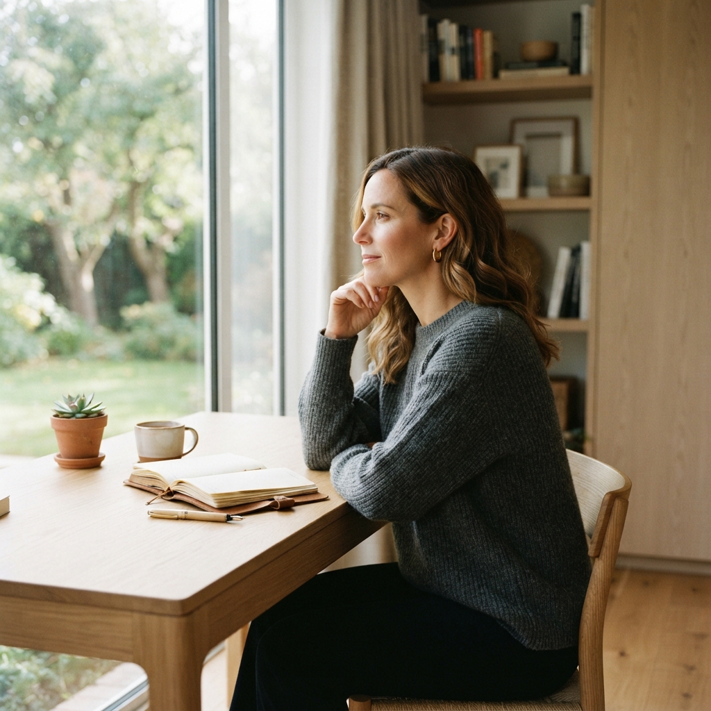 A person reflecting in a bright sunlight filled room