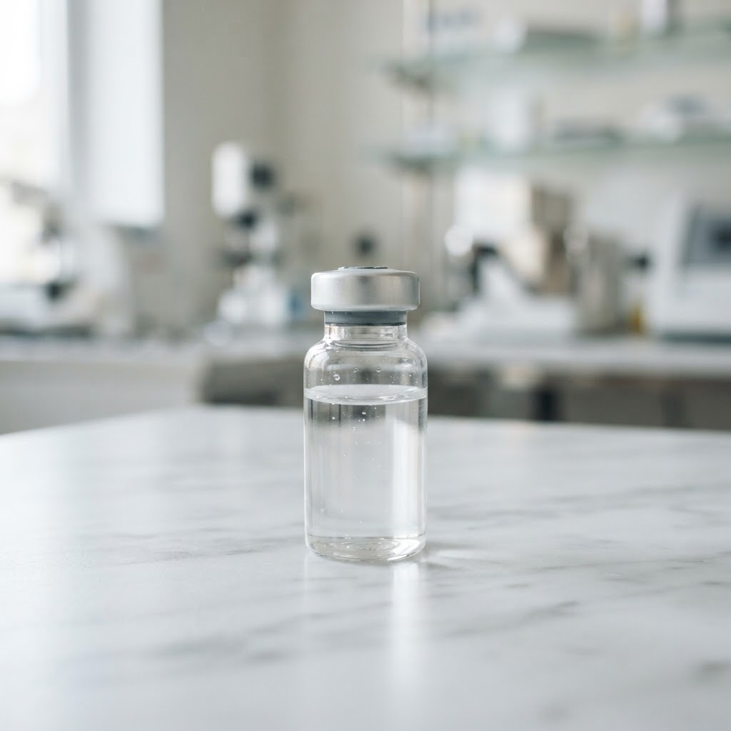 A single medical testing vial on a white surface