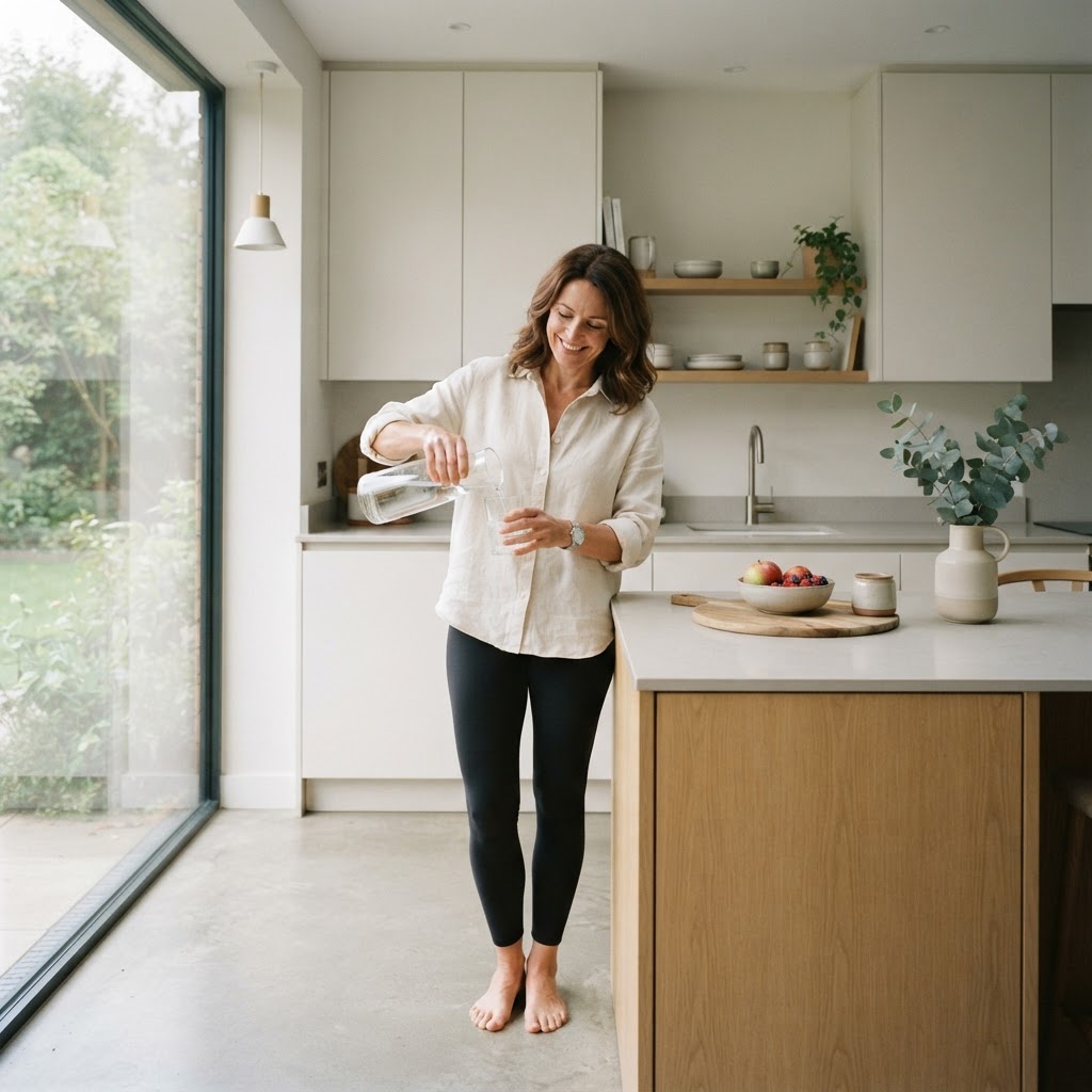 A person preparing a healthy drink in a bright kitchen