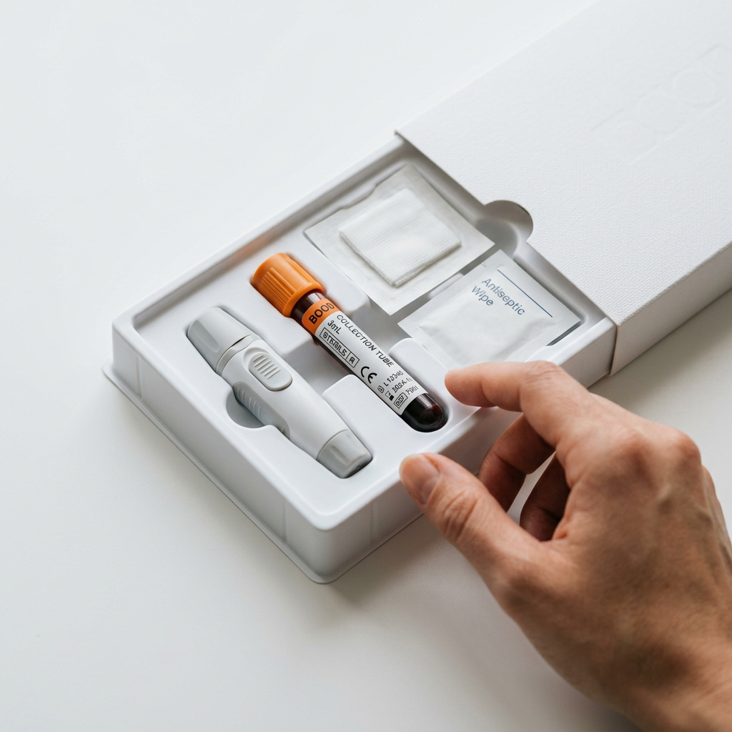 At-home blood collection kit components on clean surface