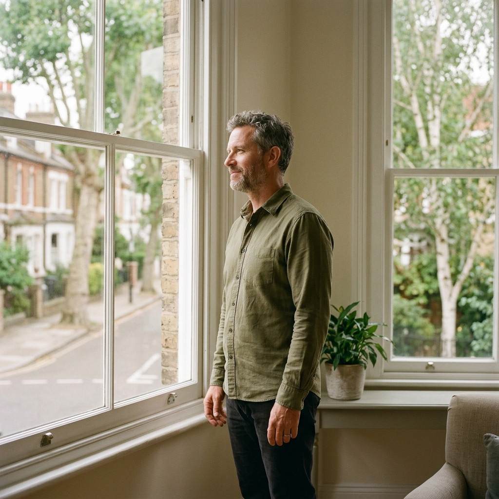 Individual gazing thoughtfully near window with sense of empowerment