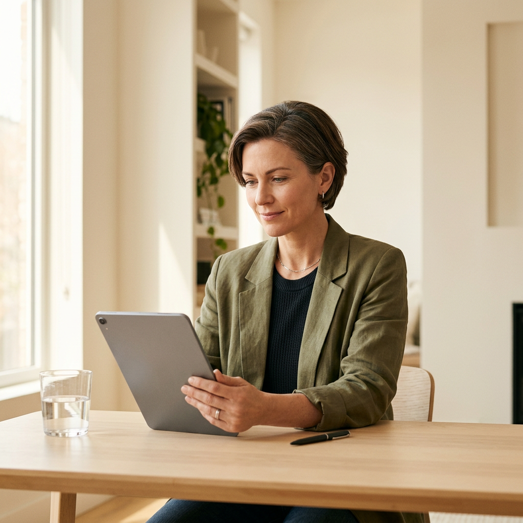 Professional reviewing health data on tablet in sunlit workspace