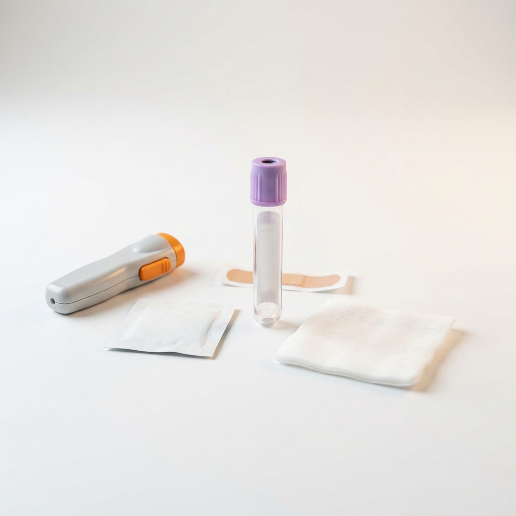 Professional at-home biomarker blood collection kit arranged neatly