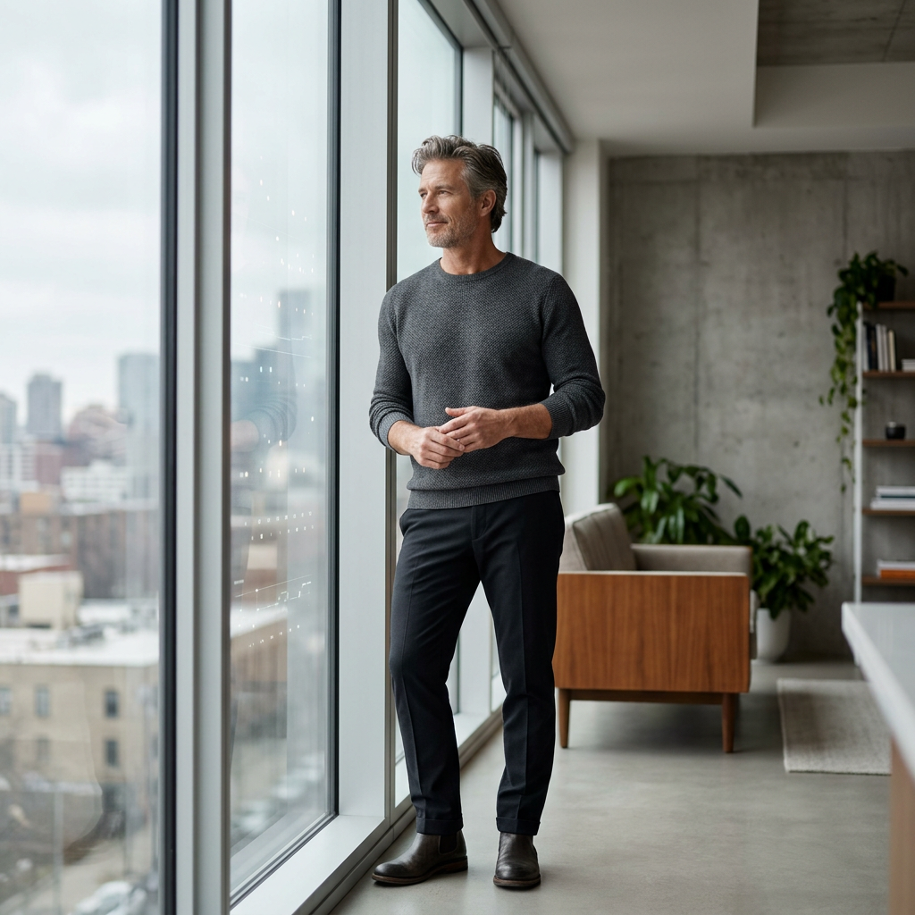 Thoughtful man by window representing confidence through health awareness