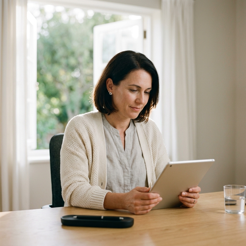 Woman reviewing biomarker health data on tablet in bright home office