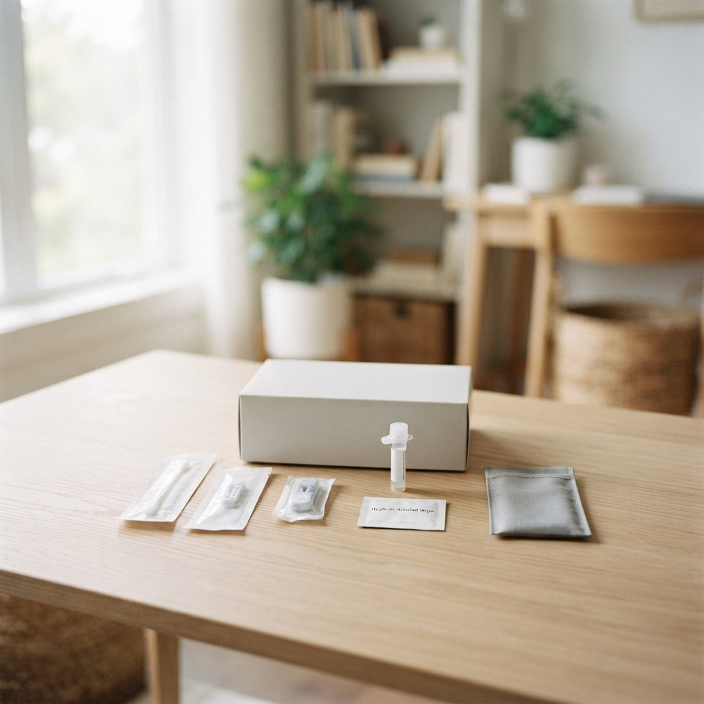 A premium health test kit placed on a clean wooden table