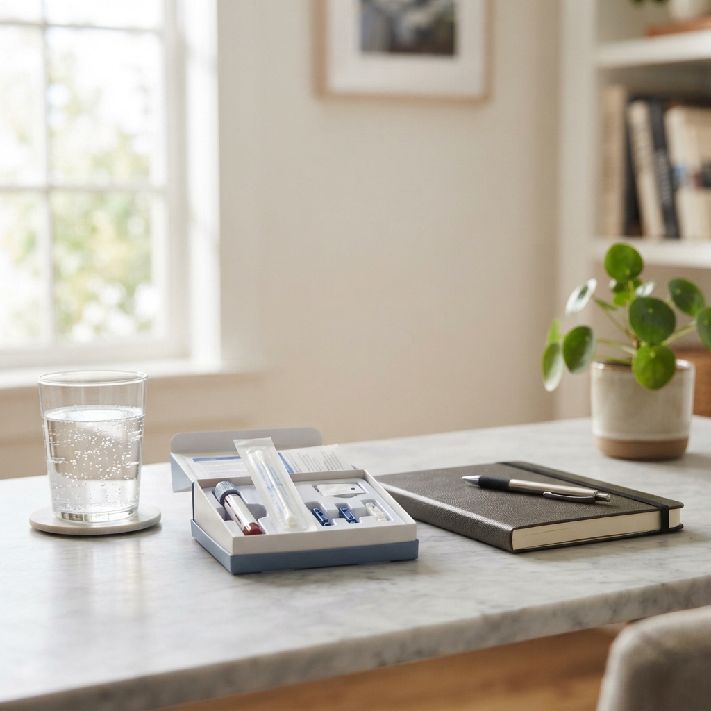 A professional medical test kit on a clean desk surface