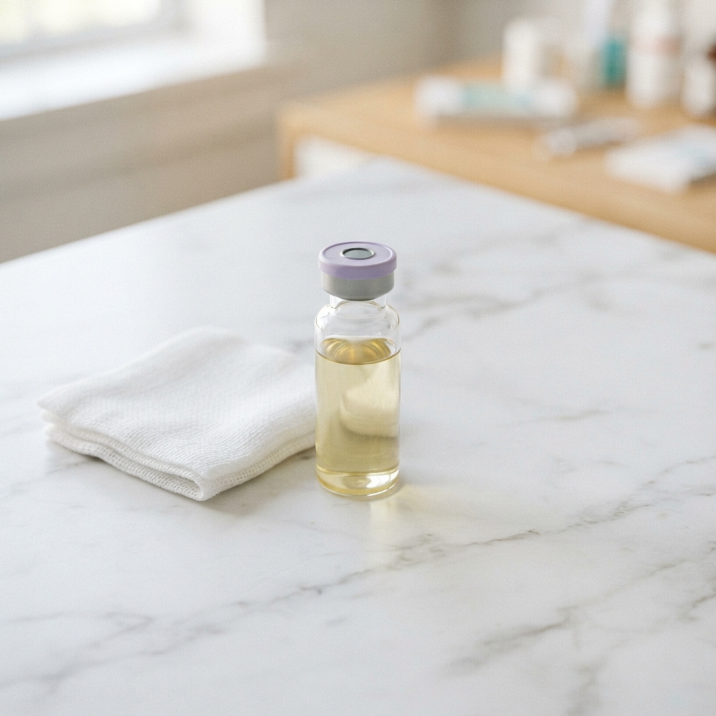 Macro view of medical testing supplies on marble