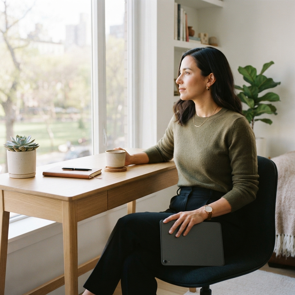 Professional person sitting in a bright home office