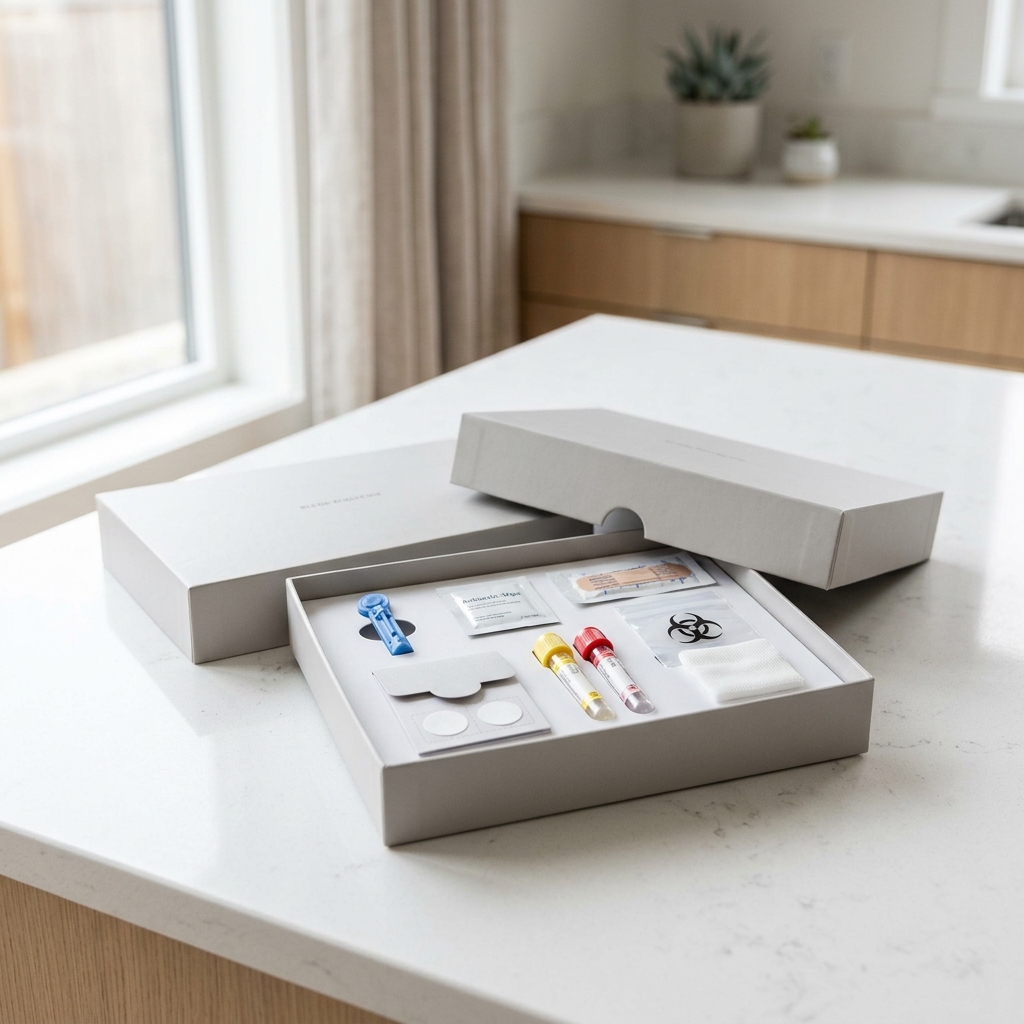 At-home blood biomarker collection kit in natural light