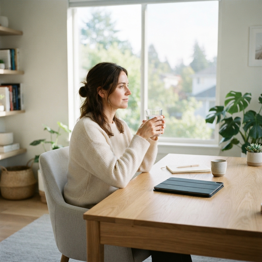 Person in a bright office environment focusing on wellness