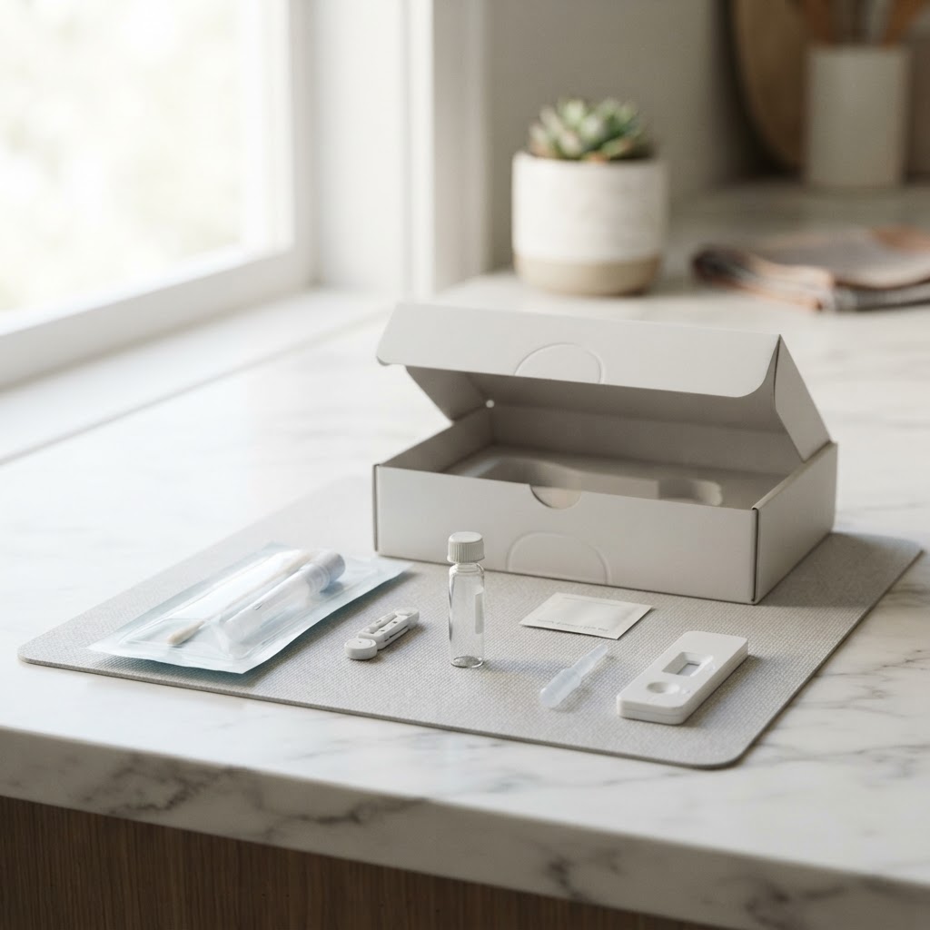 Professional at home health testing kit on white surface