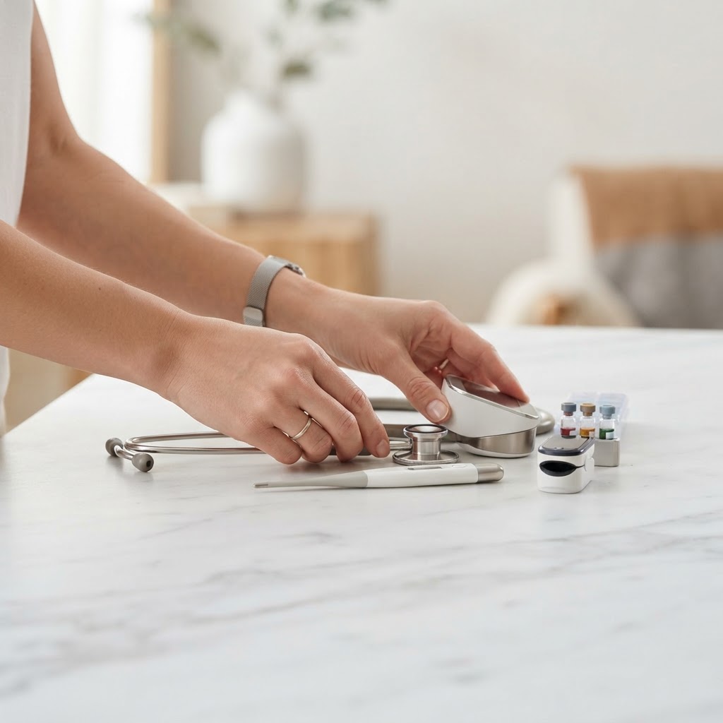 Hands organizing health monitoring tools on white surface