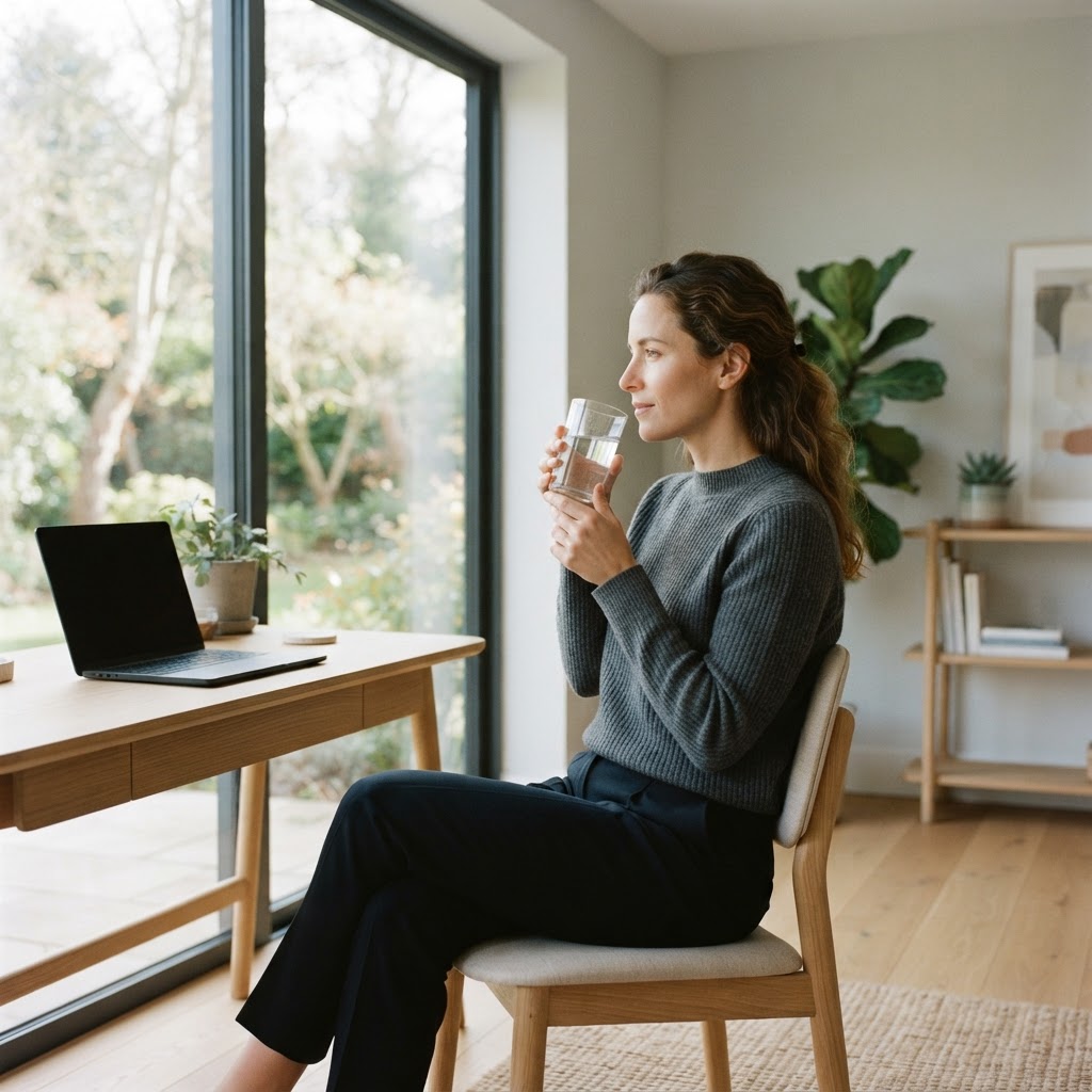 Person reflecting on personal health in sunlit office