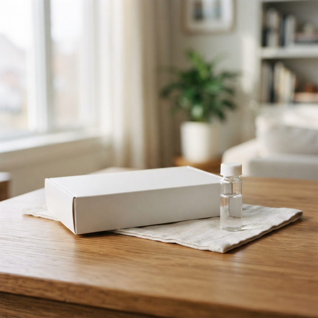 Professional at-home blood testing kit on wooden table