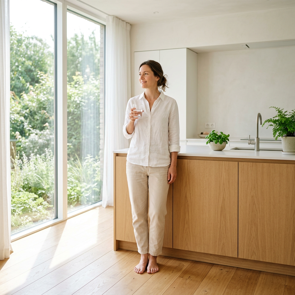 Person in bright home environment holding water glass