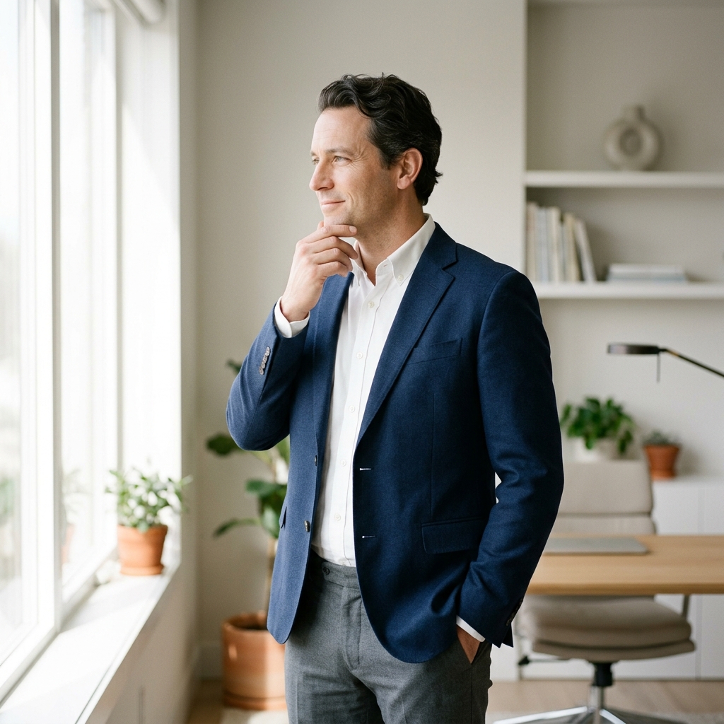 Professional man reflecting with health clarity and confidence