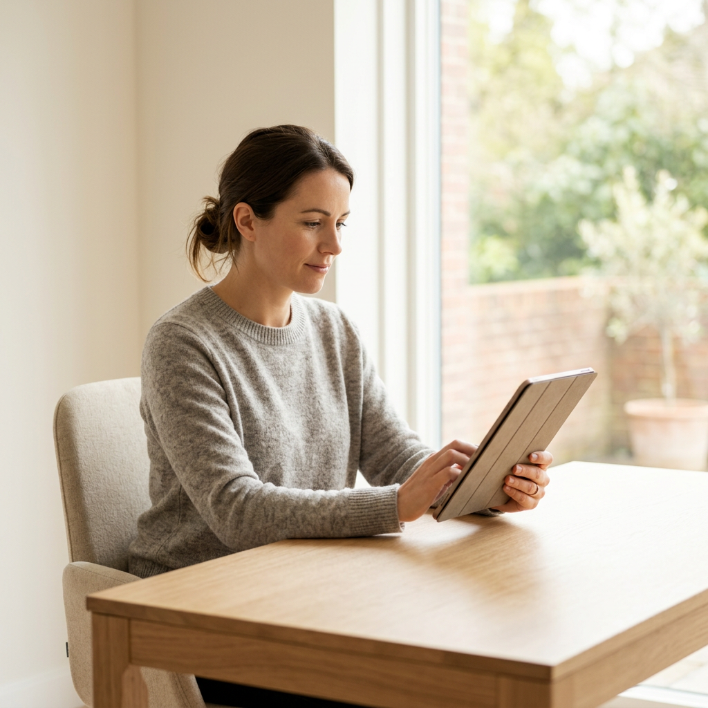 Woman reviewing health data on tablet at home desk