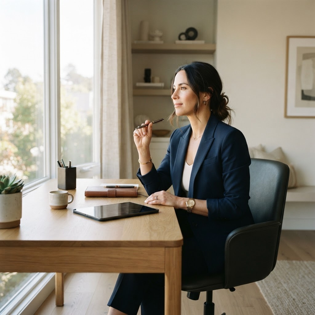 A person in a sunlit home office environment