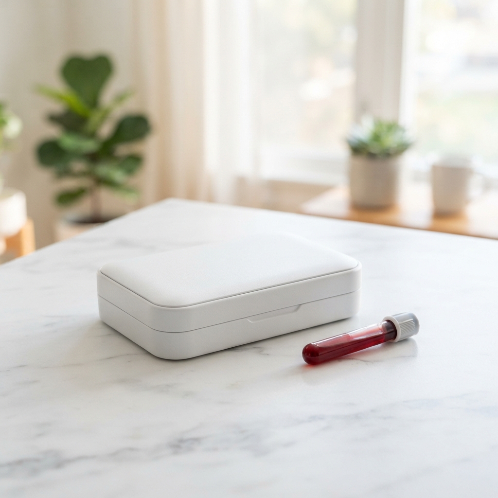A professional at-home blood collection kit on a marble table